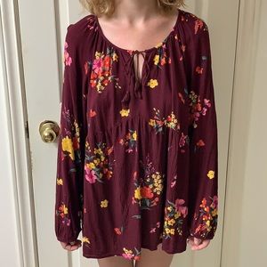 Old Navy, US XL Tall, Maroon Pink Floral Boho Long Sleeve Smock Top